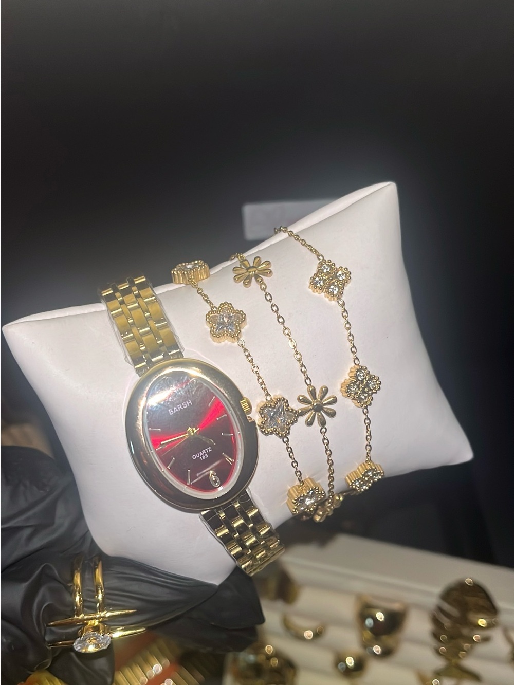 Gold-Tone Women's Watch with Red Dial and Gold Bracelet Set